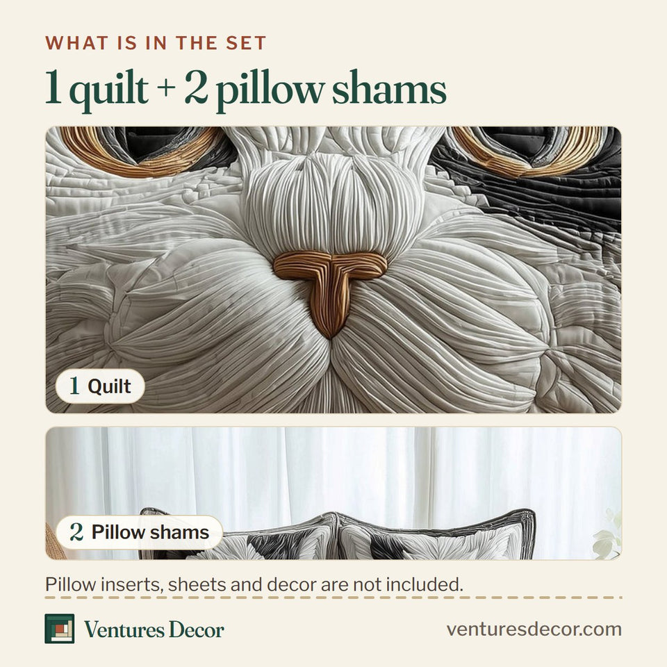What is in the set: one quilt and two pillow shams, shown in the Catitude Grey Capped Cat with Amber Eyes design