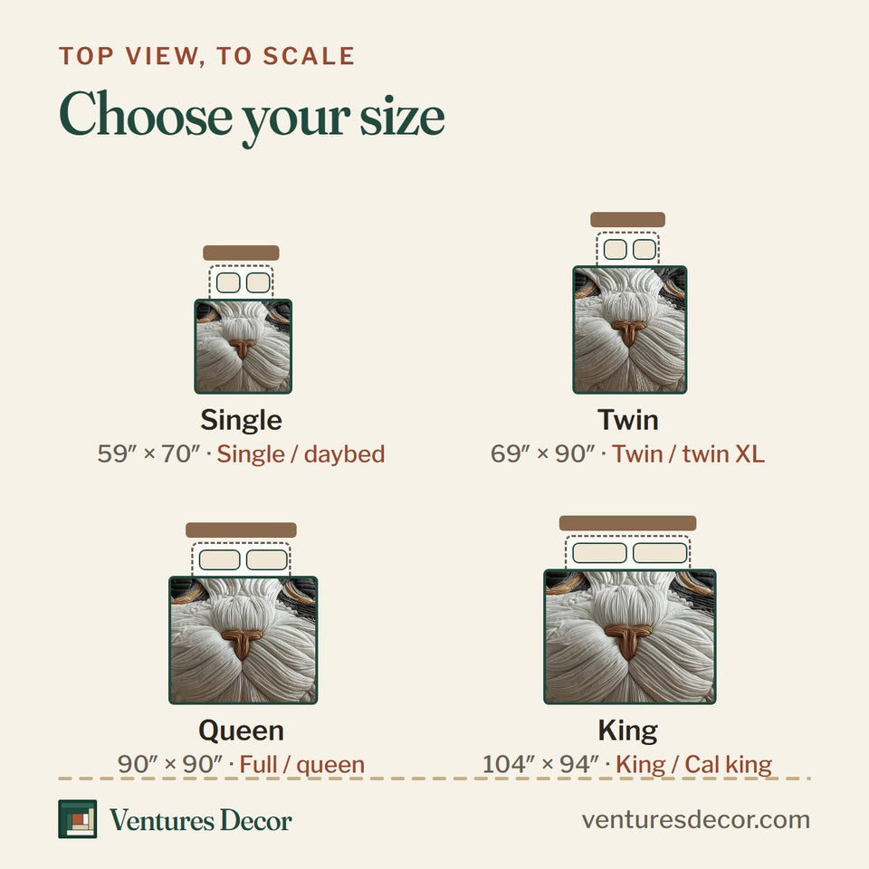 Size guide for the Catitude Grey Capped Cat with Amber Eyes quilt, top view to scale: Single 59 x 70 in, Twin 69 x 90 in, Queen 90 x 90 in, King 104 x 94 in