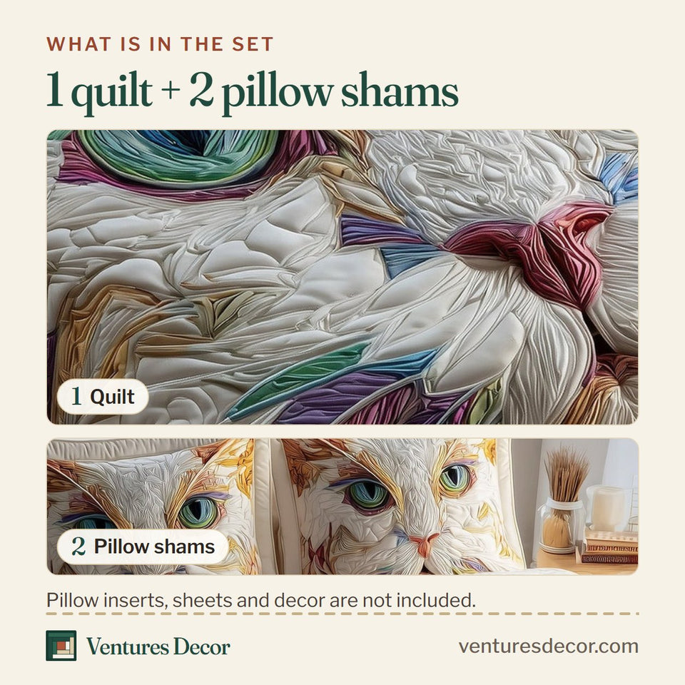 What is in the set: one quilt and two pillow shams, shown in the Catitude Painted Strokes on a White Face design