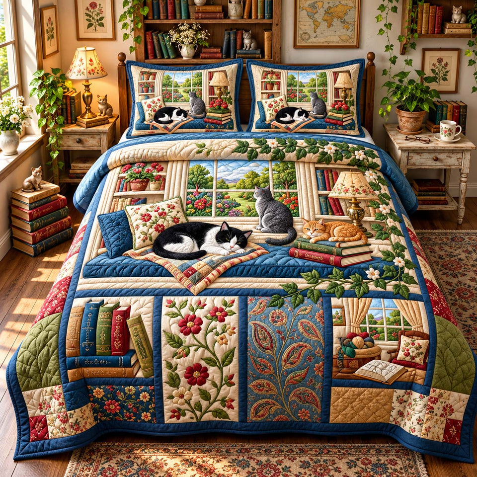 Cats by the Window quilted bedding set, quilt and two pillow shams on a made bed