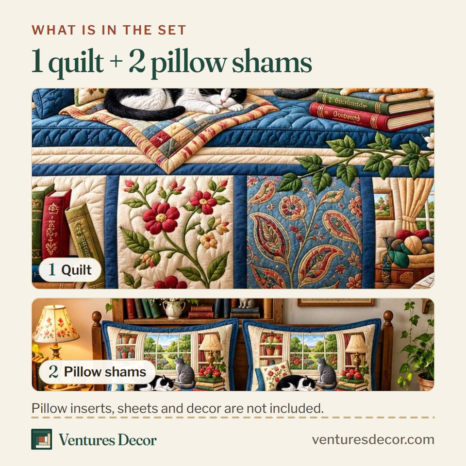 What is in the set: one quilt and two pillow shams, shown in the Cats by the Window Quilt Set, 3-Piece Quilted Bedding with 2 Pillow Shams design
