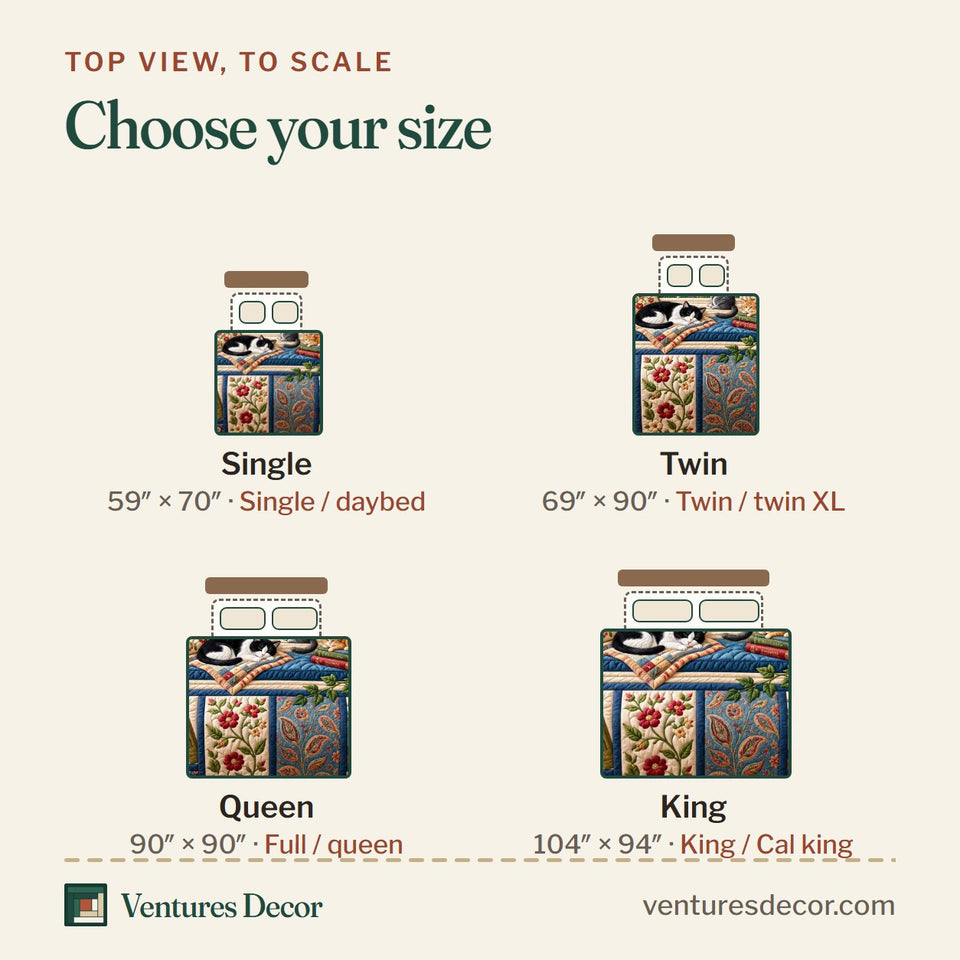 Size guide for the Cats by the Window Quilt Set, 3-Piece Quilted Bedding with 2 Pillow Shams quilt, top view to scale: Single 59 x 70 in, Twin 69 x 90 in, Queen 90 x 90 in, King 104 x 94 in