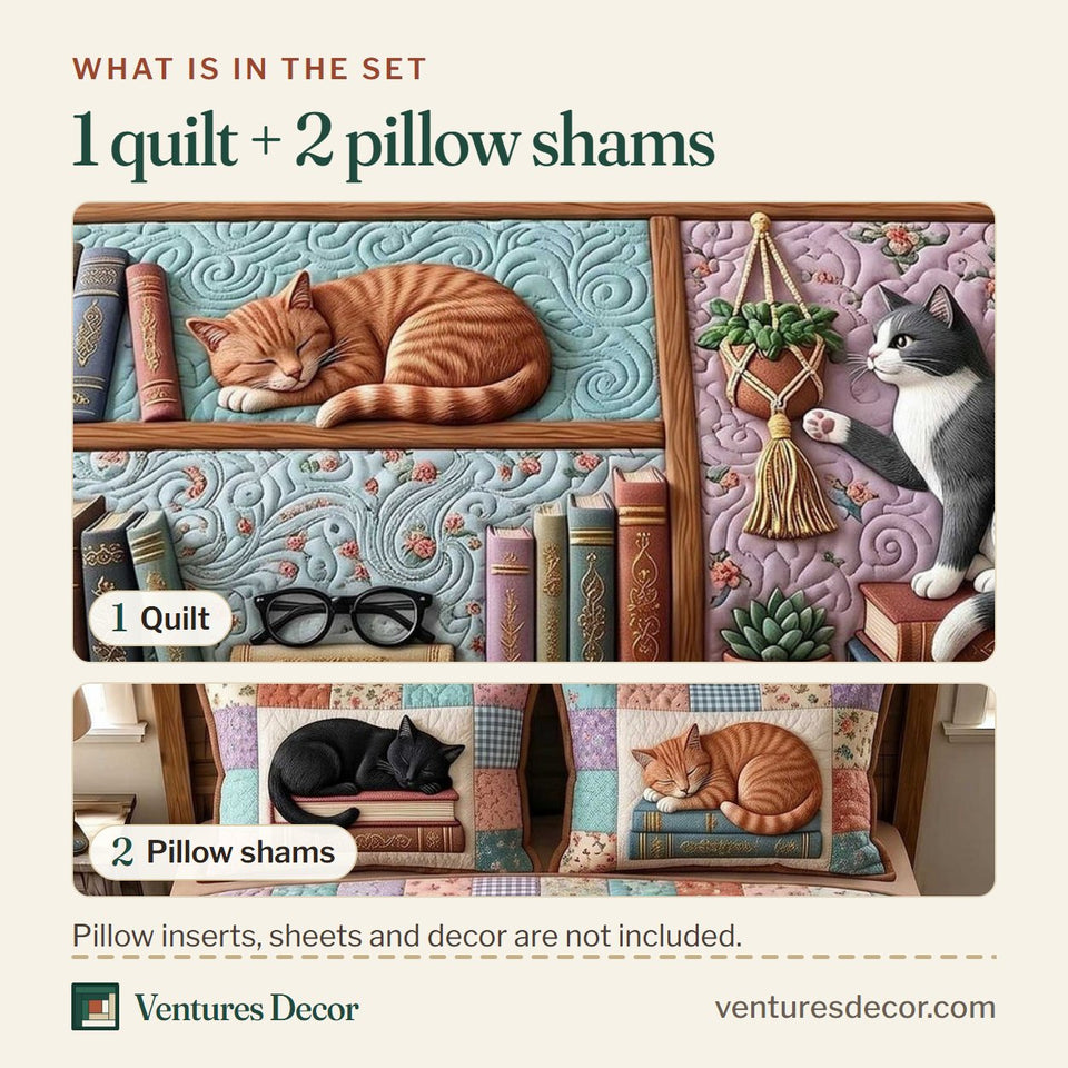 What is in the set: one quilt and two pillow shams, shown in the Cats on the Bookshelf design