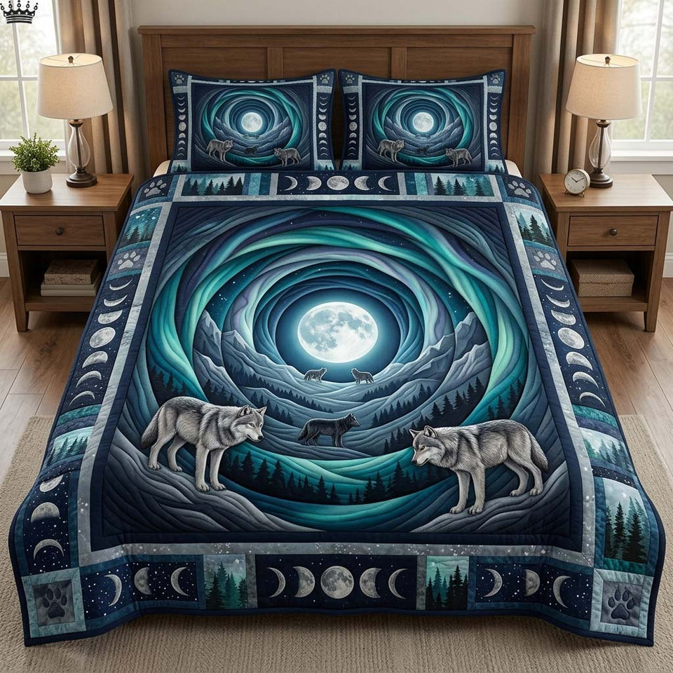 Cavern Wolf quilted bedding set, quilt and two pillow shams on a made bed