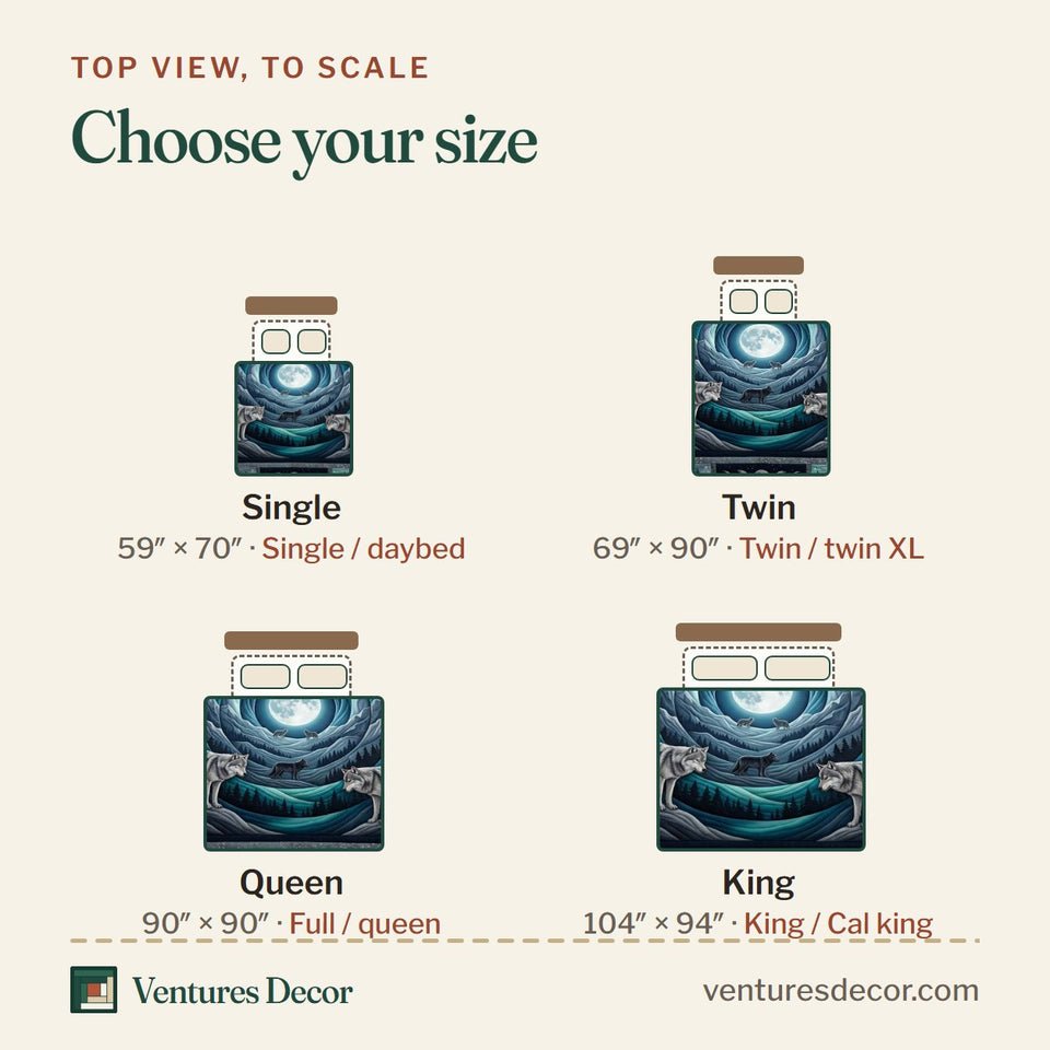 Size guide for the Cavern Wolf quilt, top view to scale: Single 59 x 70 in, Twin 69 x 90 in, Queen 90 x 90 in, King 104 x 94 in