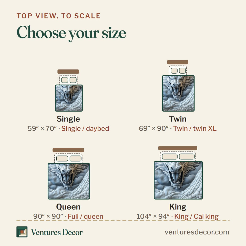 Size guide for the Celestial Cloud Dragon Coiled in Mist quilt, top view to scale: Single 59 x 70 in, Twin 69 x 90 in, Queen 90 x 90 in, King 104 x 94 in