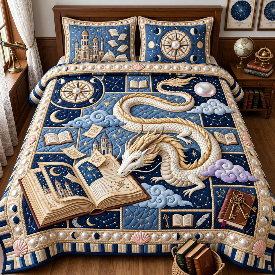 Celestial Dragon quilted bedding set, quilt and two pillow shams on a made bed