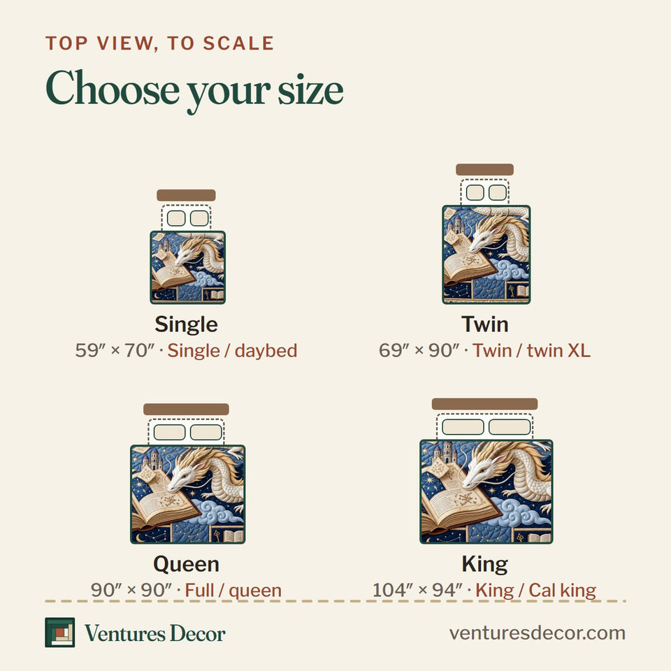 Size guide for the Celestial Dragon quilt, top view to scale: Single 59 x 70 in, Twin 69 x 90 in, Queen 90 x 90 in, King 104 x 94 in