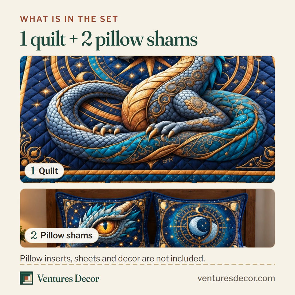 What is in the set: one quilt and two pillow shams, shown in the Celestial Dragon Zodiac design