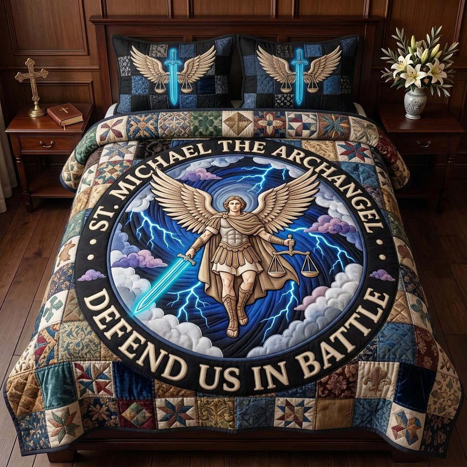 Celestial Judgment quilted bedding set, quilt and two pillow shams on a made bed