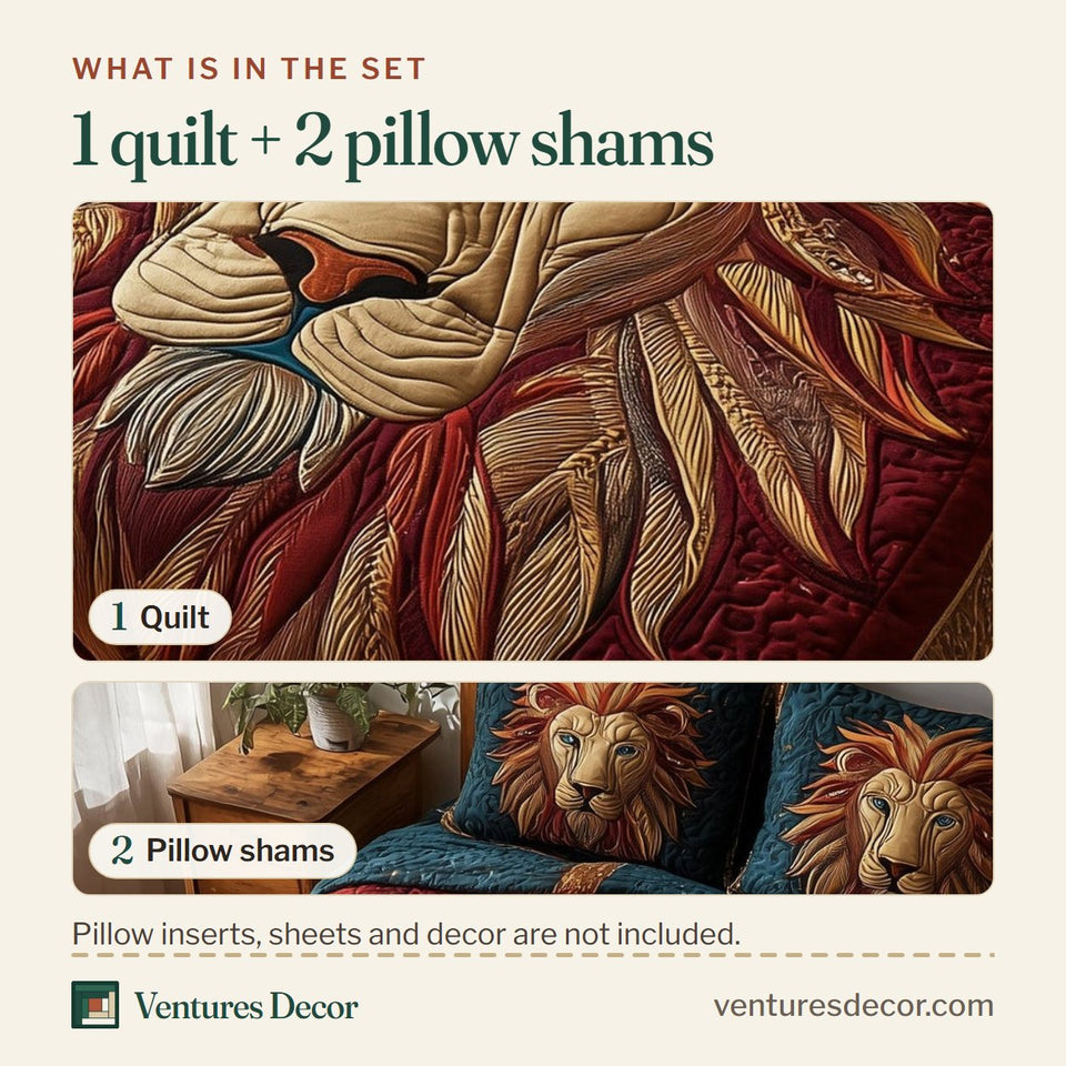 What is in the set: one quilt and two pillow shams, shown in the Celestial Lion Deep Red Ground Teal Fold design