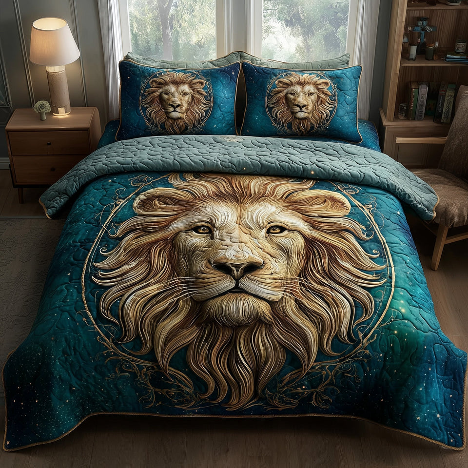 Celestial Lion Turquoise Circle Portrait quilted bedding set, quilt and two pillow shams on a made bed