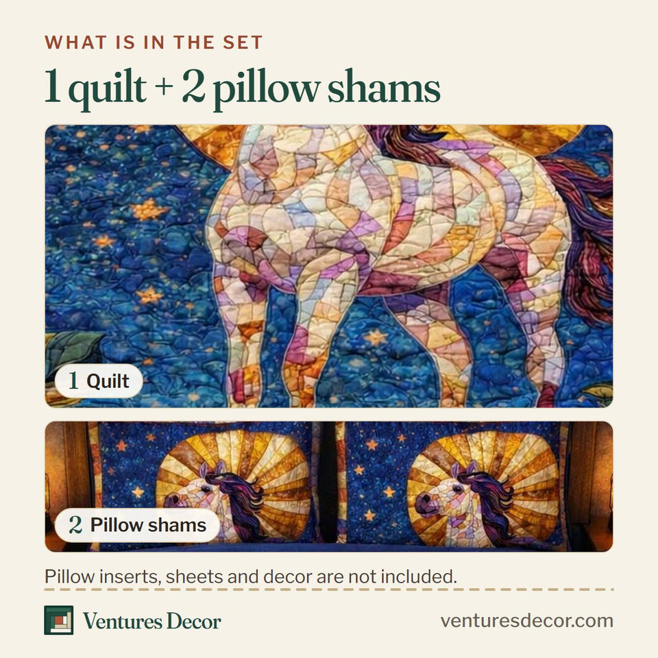 What is in the set: one quilt and two pillow shams, shown in the Celestial Moon Horse design