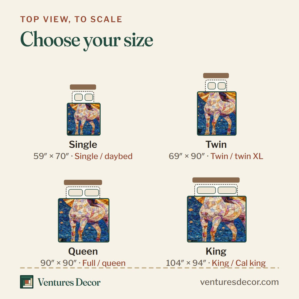 Size guide for the Celestial Moon Horse quilt, top view to scale: Single 59 x 70 in, Twin 69 x 90 in, Queen 90 x 90 in, King 104 x 94 in