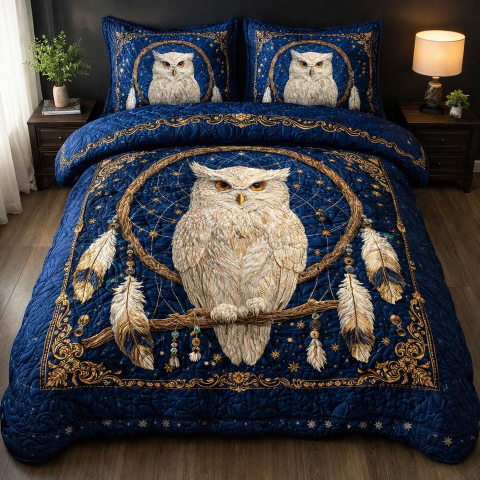 Celestial Owl Dream quilted bedding set, quilt and two pillow shams on a made bed