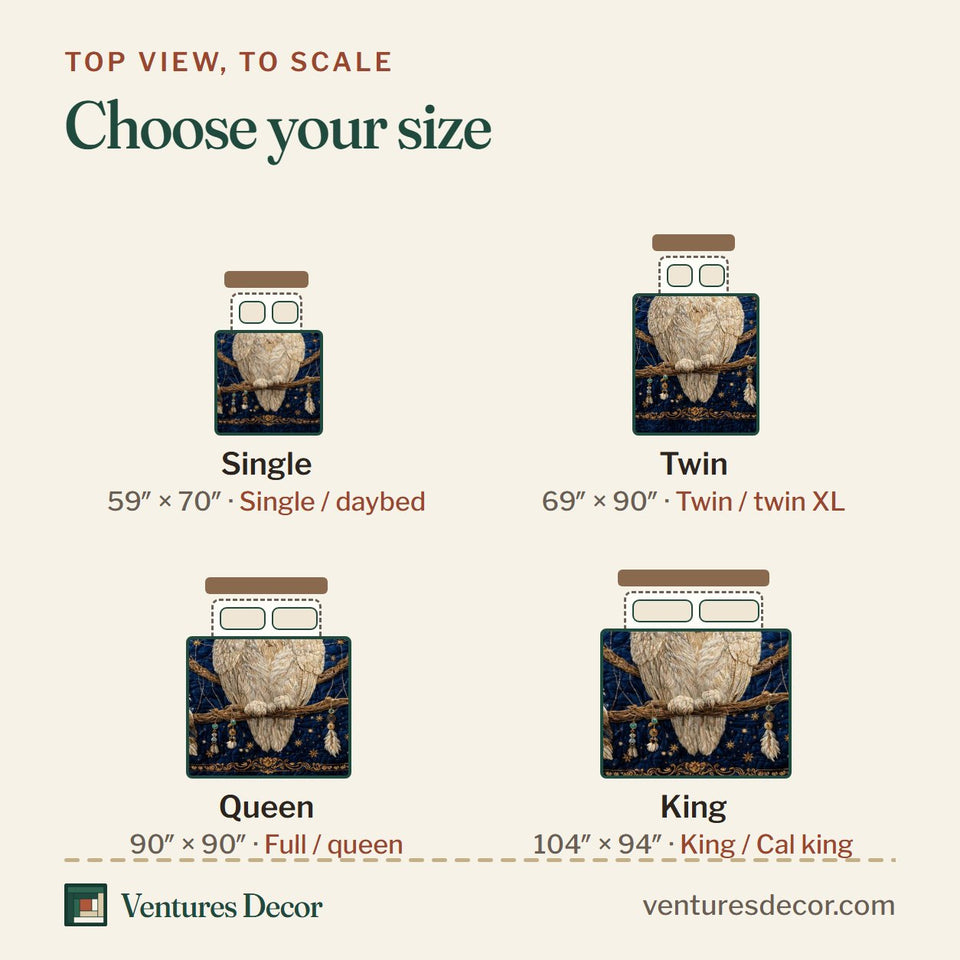 Size guide for the Celestial Owl Dream quilt, top view to scale: Single 59 x 70 in, Twin 69 x 90 in, Queen 90 x 90 in, King 104 x 94 in