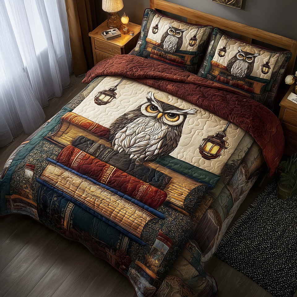 Celestial Owl Toadstool Forest quilted bedding set, quilt and two pillow shams on a made bed