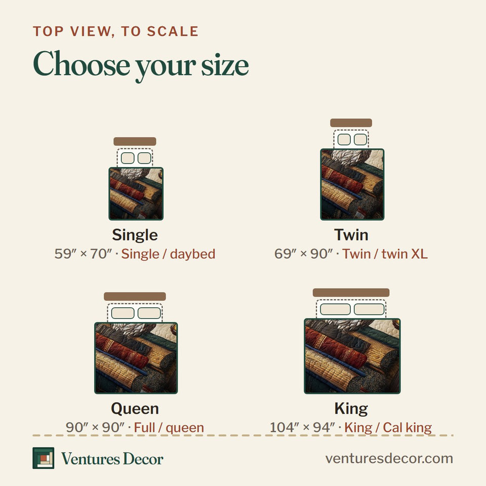 Size guide for the Celestial Owl Toadstool Forest quilt, top view to scale: Single 59 x 70 in, Twin 69 x 90 in, Queen 90 x 90 in, King 104 x 94 in