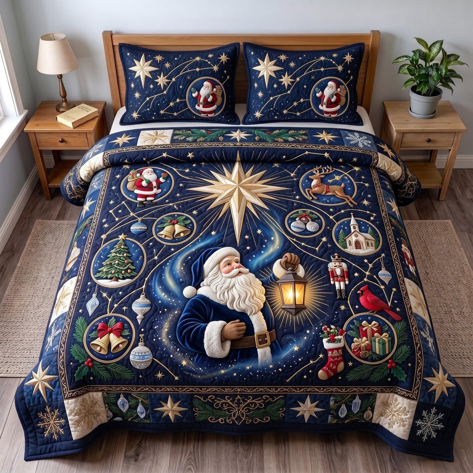 Celestial Santa quilted bedding set, quilt and two pillow shams on a made bed