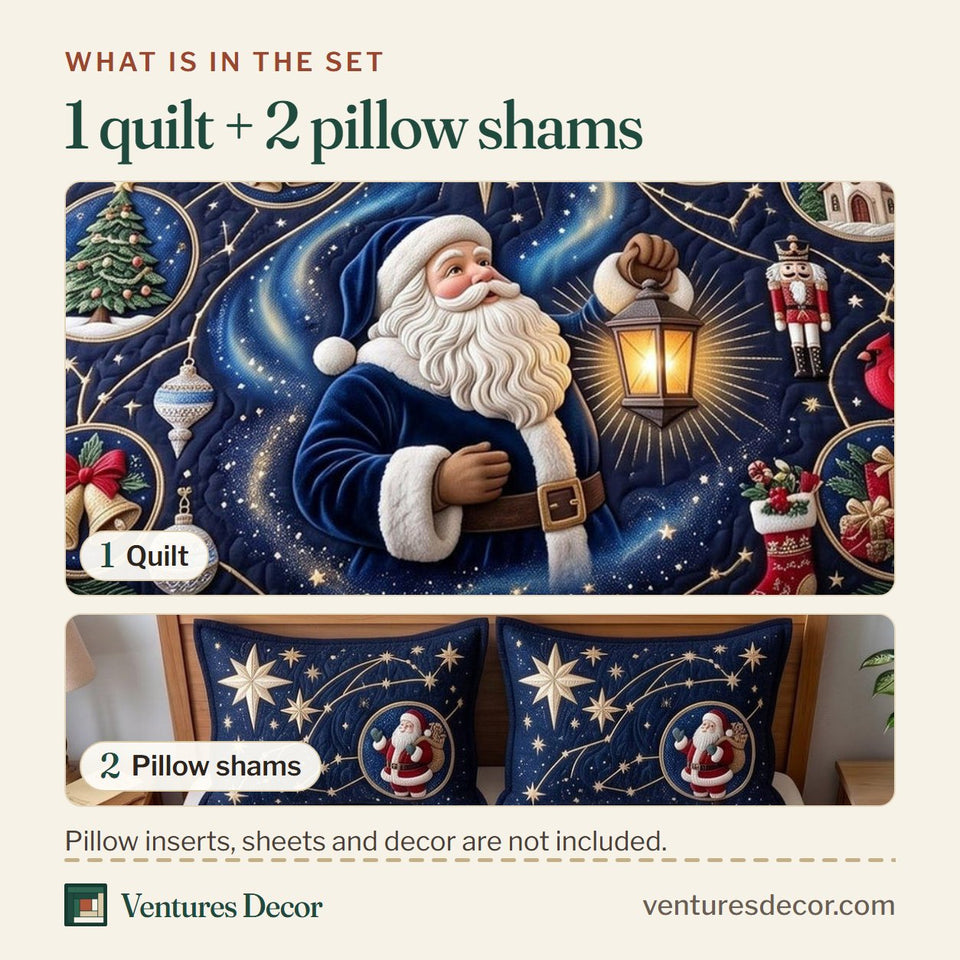 What is in the set: one quilt and two pillow shams, shown in the Celestial Santa design