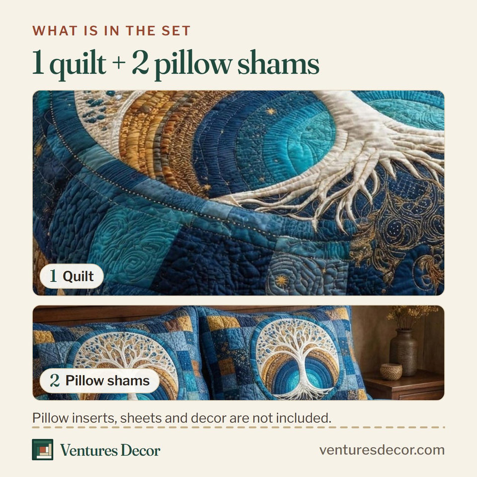 What is in the set: one quilt and two pillow shams, shown in the Celestial Tree Blue Moon Circle design
