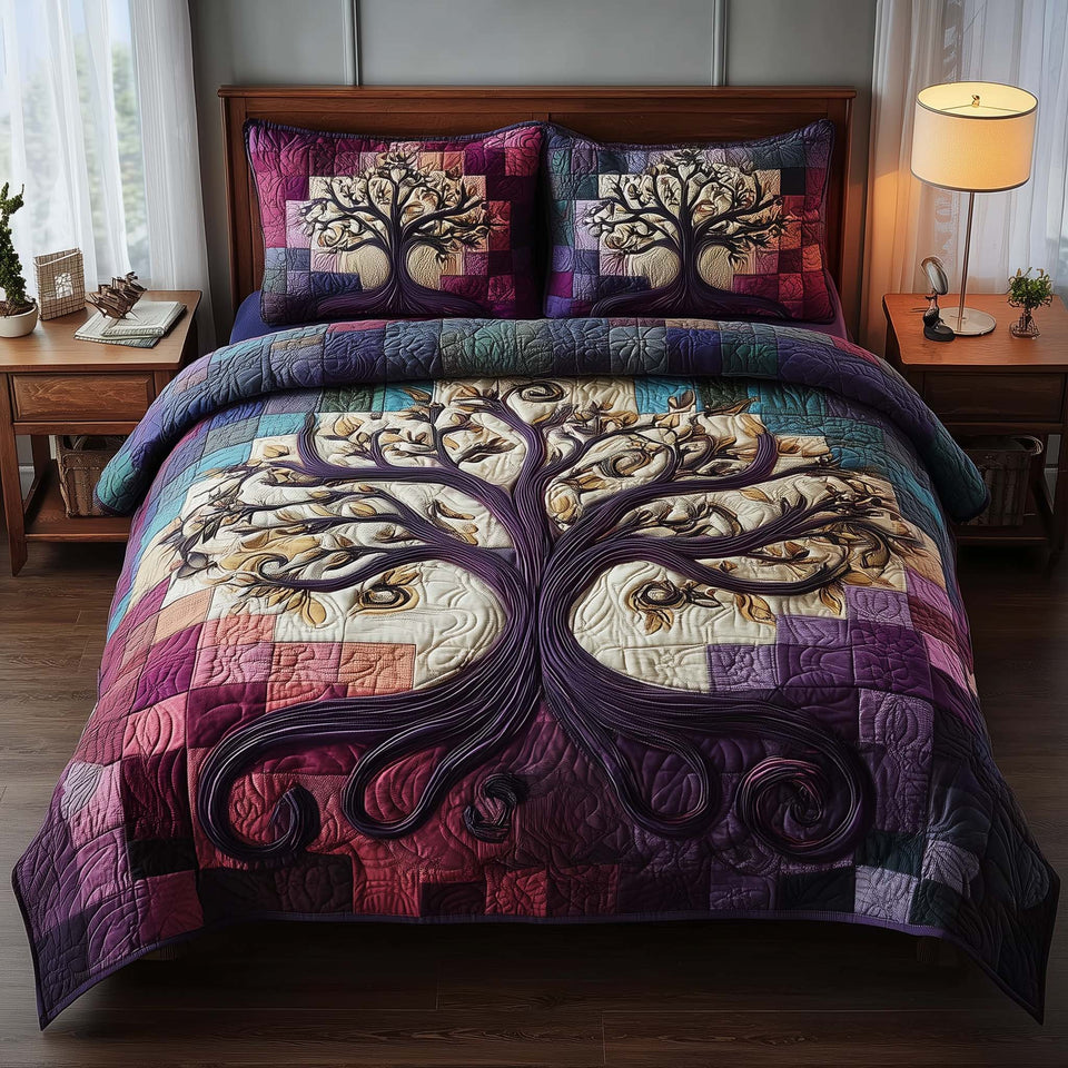 Celestial Tree Plum Patchwork Roots quilted bedding set, quilt and two pillow shams on a made bed