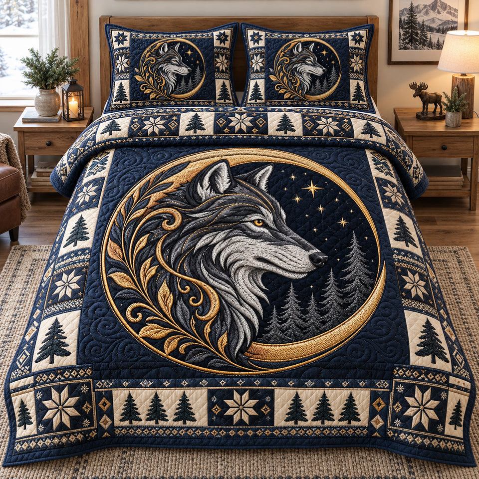 Celestial Wolf Emblem quilted bedding set, quilt and two pillow shams on a made bed