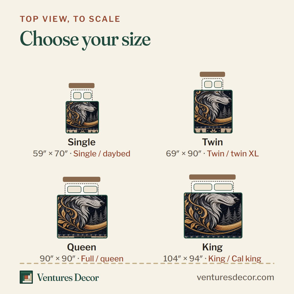 Size guide for the Celestial Wolf Emblem quilt, top view to scale: Single 59 x 70 in, Twin 69 x 90 in, Queen 90 x 90 in, King 104 x 94 in