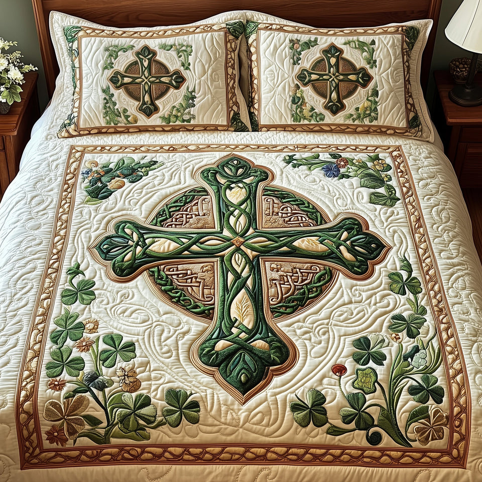 Celtic Cross Green Interlace Clover quilted bedding set, quilt and two pillow shams on a made bed