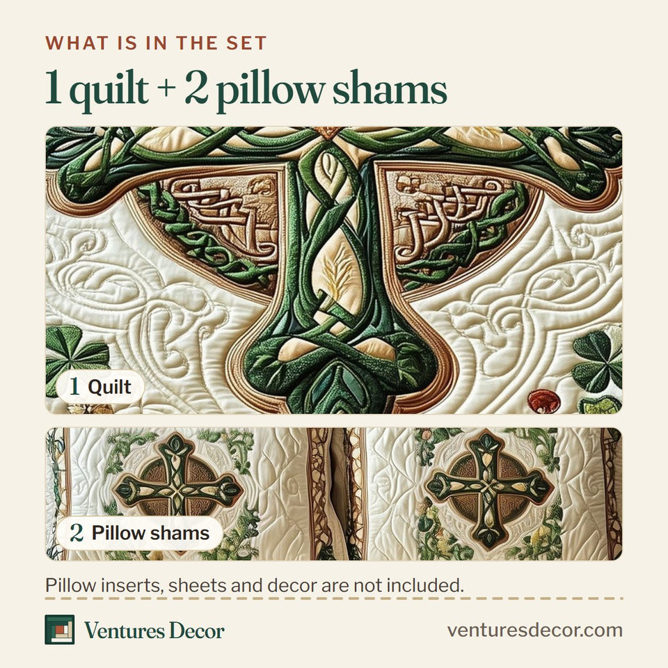 What is in the set: one quilt and two pillow shams, shown in the Celtic Cross Green Interlace Clover design
