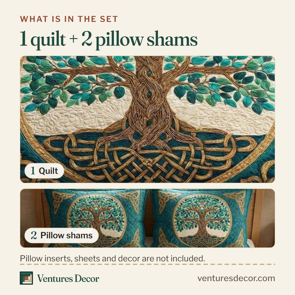 What is in the set: one quilt and two pillow shams, shown in the Celtic Emerald design