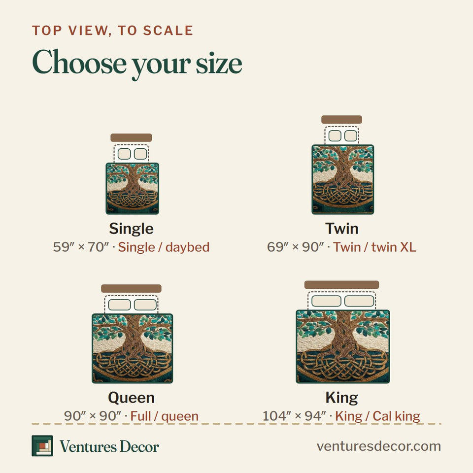 Size guide for the Celtic Emerald quilt, top view to scale: Single 59 x 70 in, Twin 69 x 90 in, Queen 90 x 90 in, King 104 x 94 in