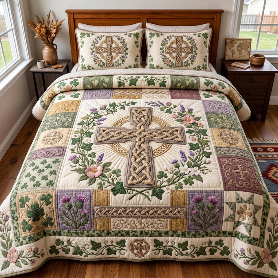 Celtic Grace quilted bedding set, quilt and two pillow shams on a made bed