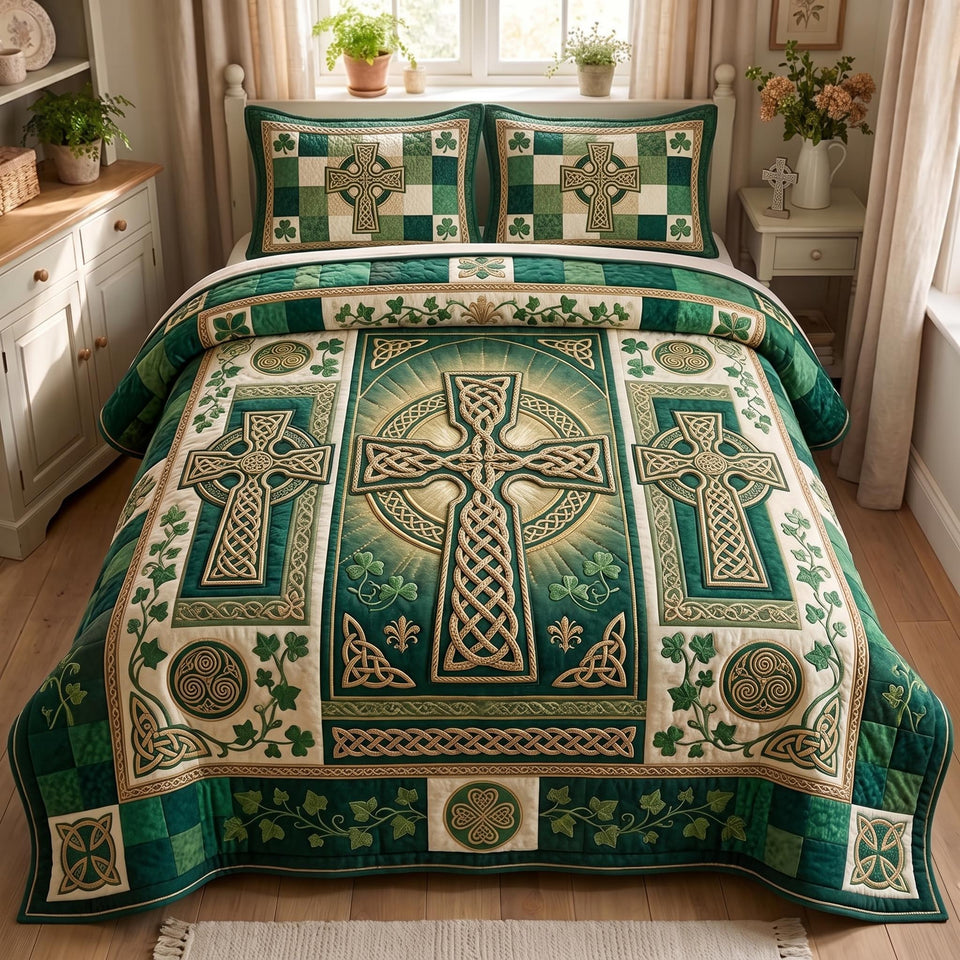 Celtic Heritage quilted bedding set, quilt and two pillow shams on a made bed