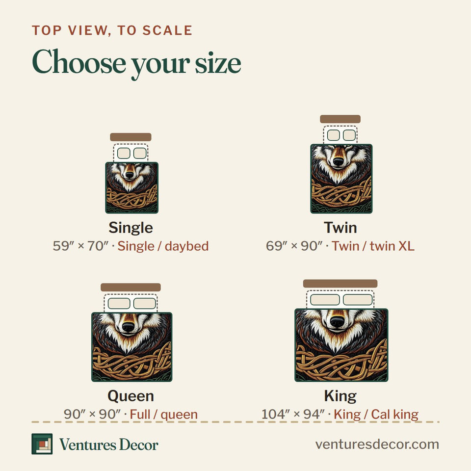 Size guide for the Celtic Knot Wolf quilt, top view to scale: Single 59 x 70 in, Twin 69 x 90 in, Queen 90 x 90 in, King 104 x 94 in