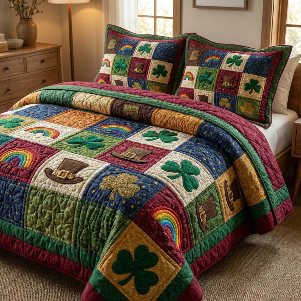 Celtic Luck quilted bedding set, quilt and two pillow shams on a made bed