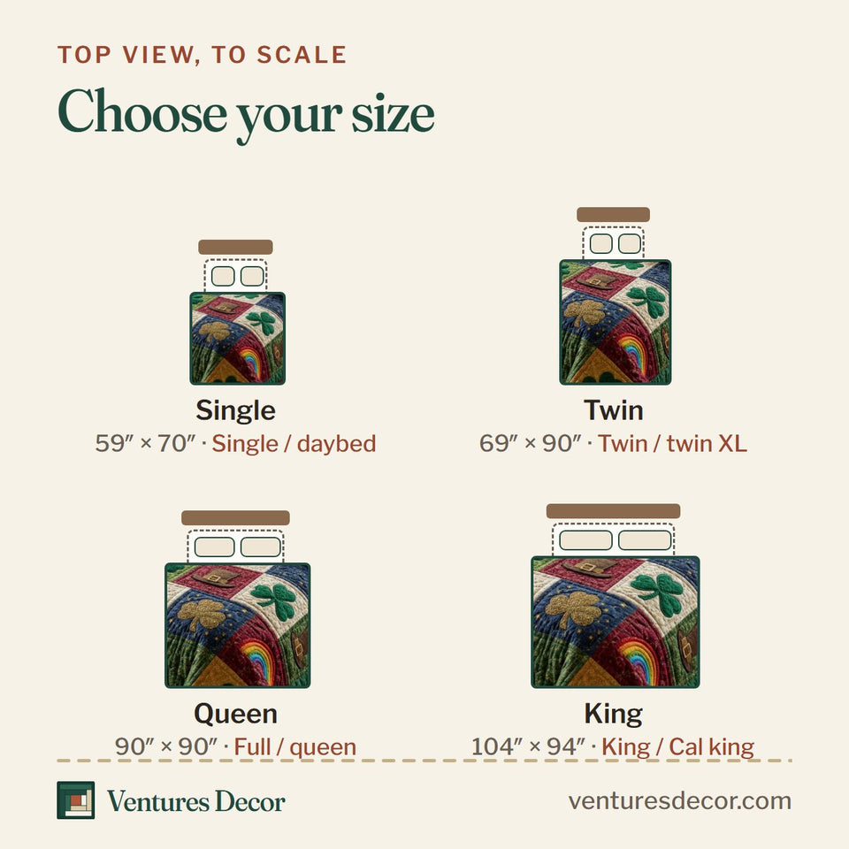 Size guide for the Celtic Luck quilt, top view to scale: Single 59 x 70 in, Twin 69 x 90 in, Queen 90 x 90 in, King 104 x 94 in