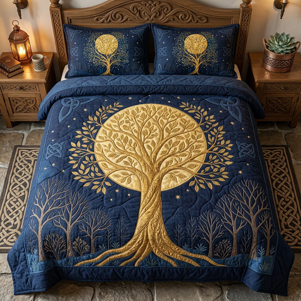 Celtic Roots Gold Canopy On Midnight Blue quilted bedding set, quilt and two pillow shams on a made bed