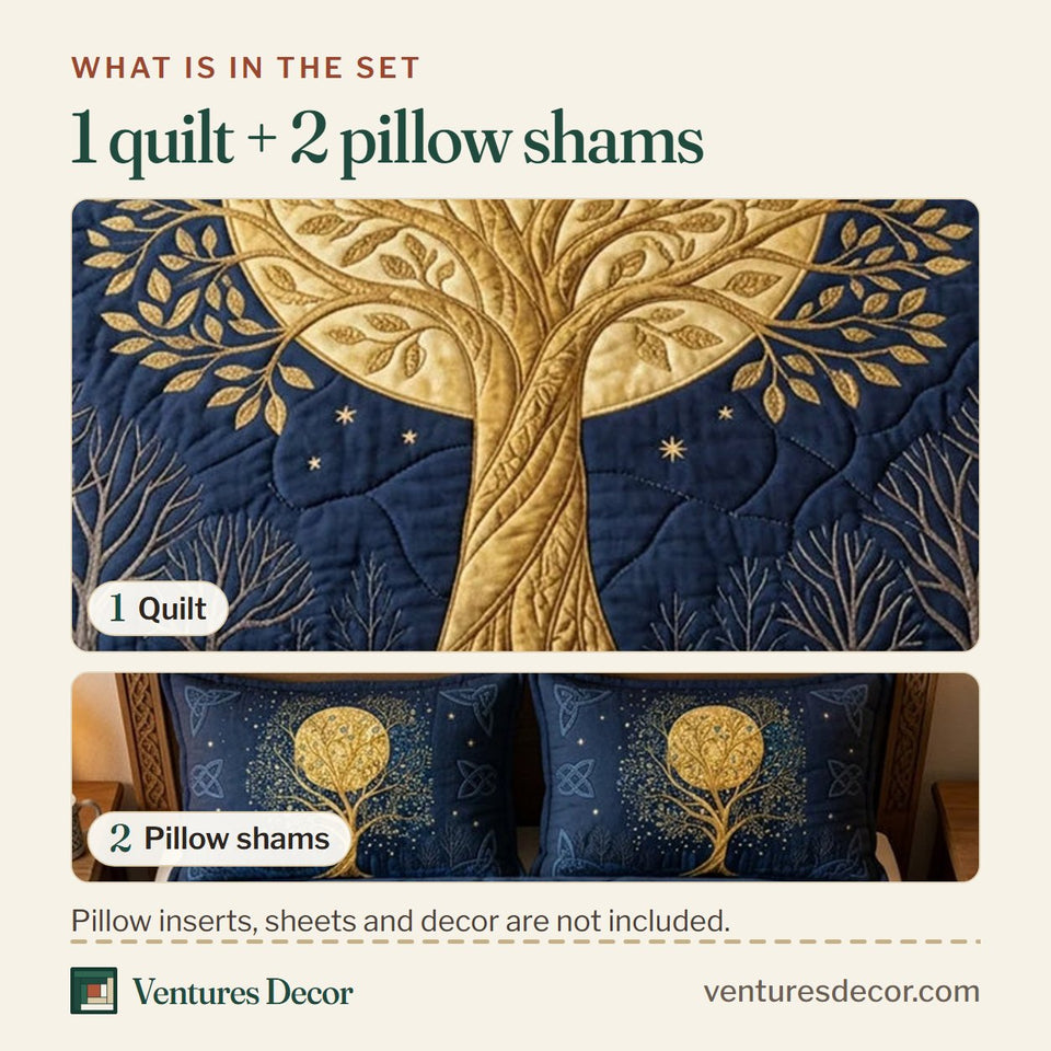 What is in the set: one quilt and two pillow shams, shown in the Celtic Roots Gold Canopy On Midnight Blue design