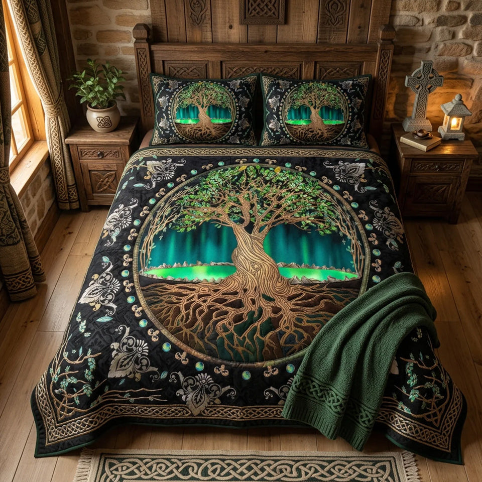 Celtic Roots Northern Lights Behind Black Ring quilted bedding set, quilt and two pillow shams on a made bed