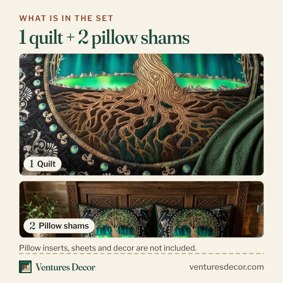 What is in the set: one quilt and two pillow shams, shown in the Celtic Roots Northern Lights Behind Black Ring design