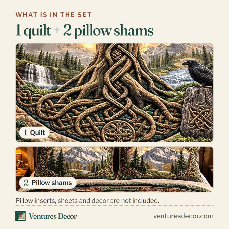 What is in the set: one quilt and two pillow shams, shown in the Celtic Roots Raven Falls design