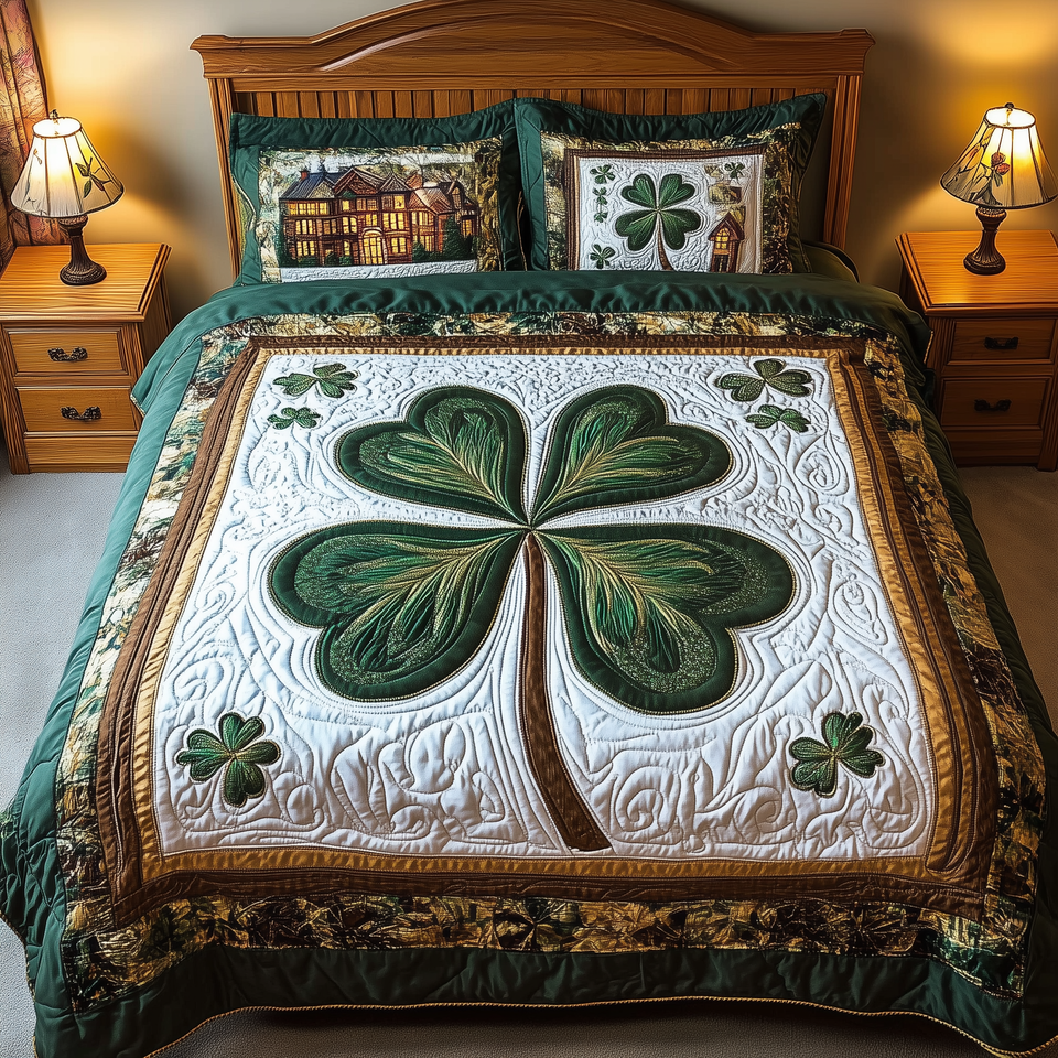 Celtic Shamrock Corner Clover Squares quilted bedding set, quilt and two pillow shams on a made bed