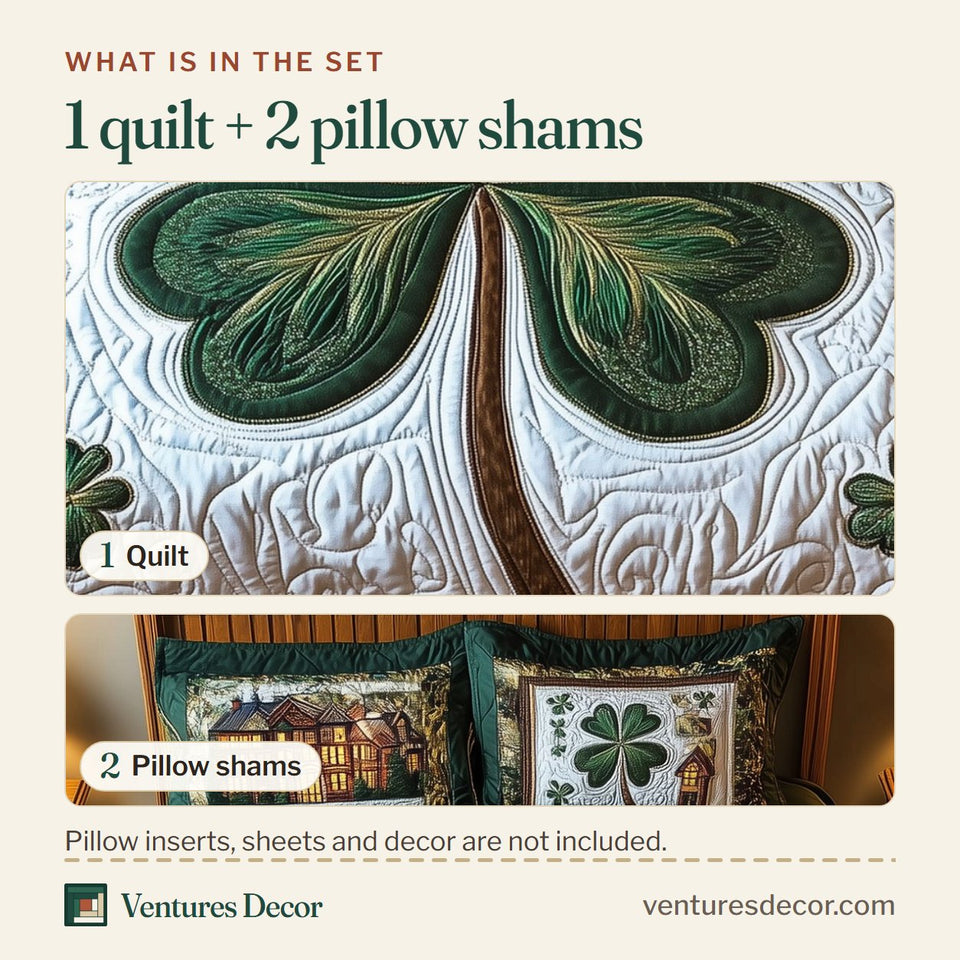 What is in the set: one quilt and two pillow shams, shown in the Celtic Shamrock Corner Clover Squares design