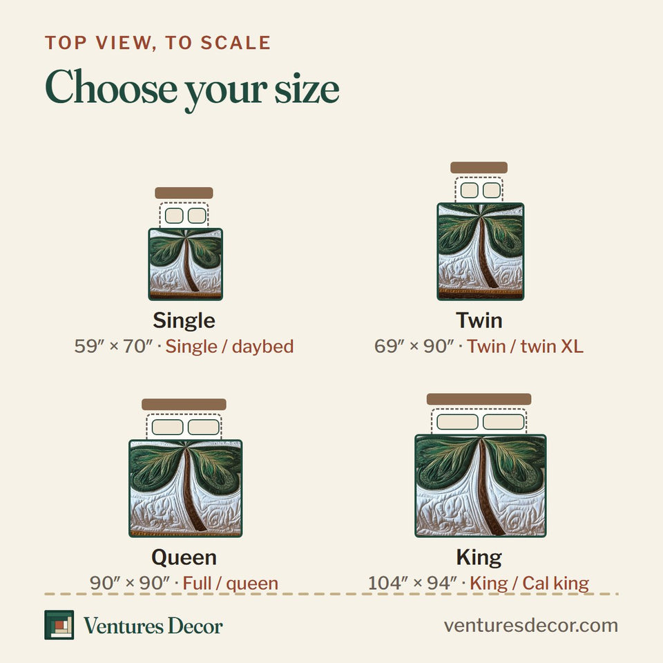 Size guide for the Celtic Shamrock Corner Clover Squares quilt, top view to scale: Single 59 x 70 in, Twin 69 x 90 in, Queen 90 x 90 in, King 104 x 94 in