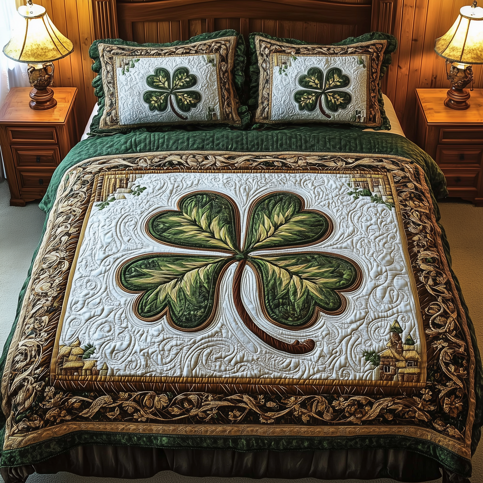 Celtic Shamrock Curved Stem quilted bedding set, quilt and two pillow shams on a made bed