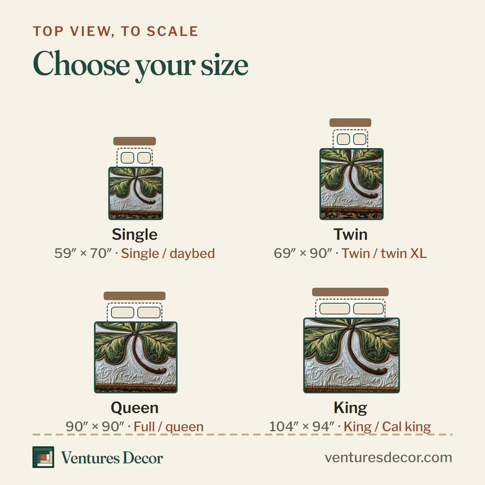 Size guide for the Celtic Shamrock Curved Stem quilt, top view to scale: Single 59 x 70 in, Twin 69 x 90 in, Queen 90 x 90 in, King 104 x 94 in