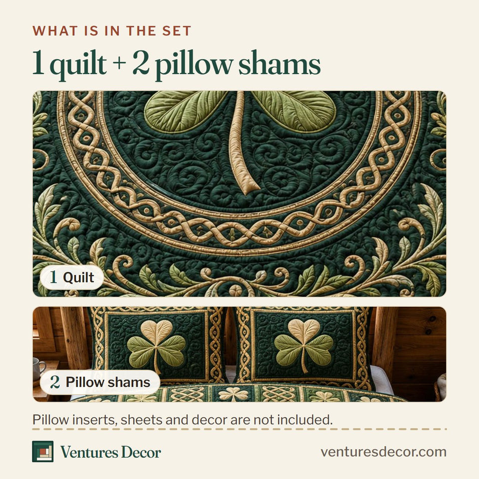 What is in the set: one quilt and two pillow shams, shown in the Celtic Shamrock Knotwork Medallion design