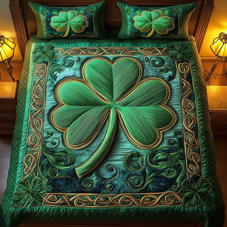 Celtic Shamrock Teal Panel quilted bedding set, quilt and two pillow shams on a made bed