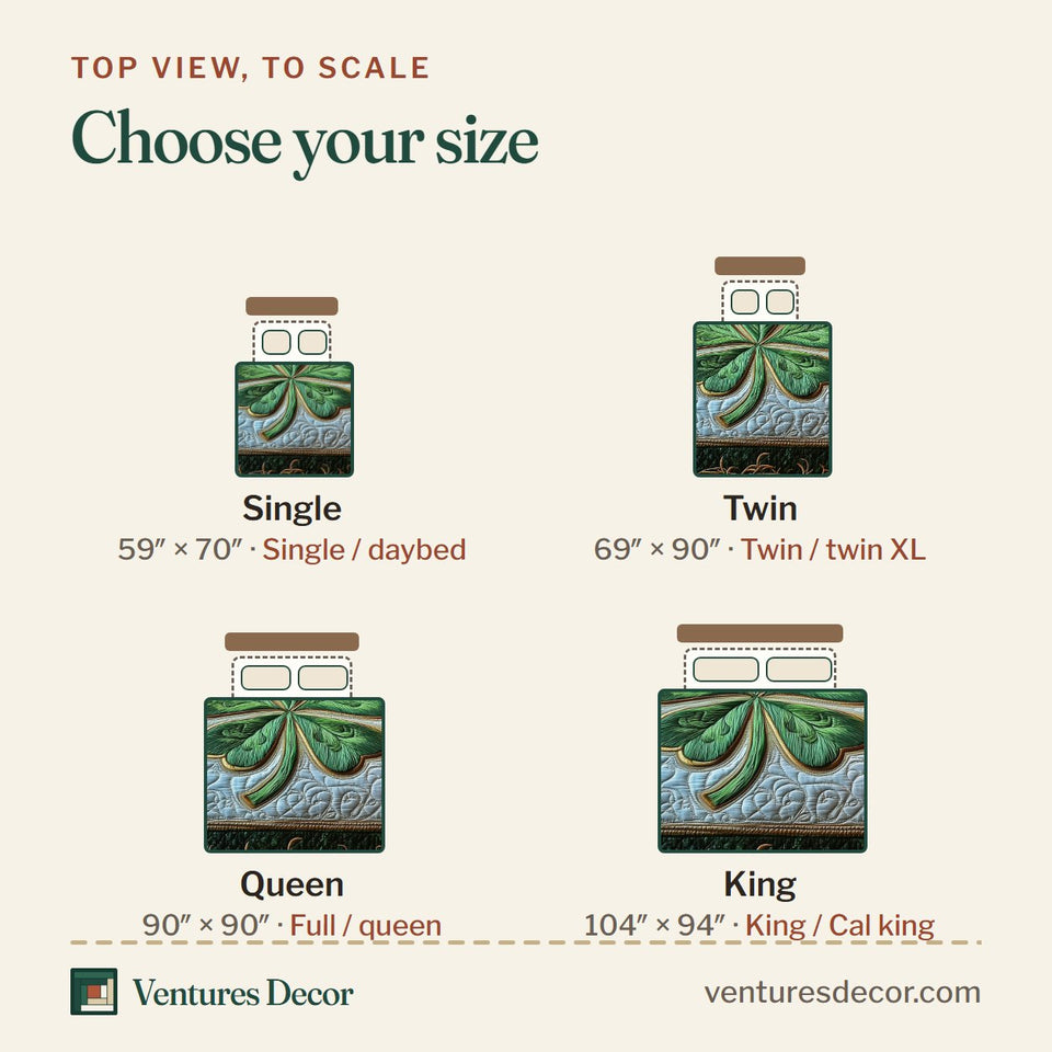 Size guide for the Celtic Shamrock Trailing Vine Border quilt, top view to scale: Single 59 x 70 in, Twin 69 x 90 in, Queen 90 x 90 in, King 104 x 94 in